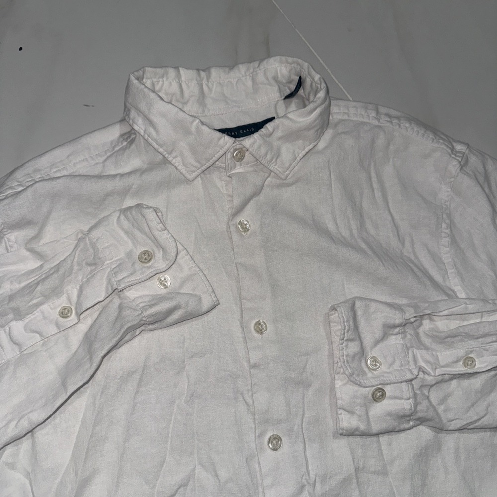 Perry Ellis Mens White Linen Blend Shirt Size M Button Up Beach Vacation